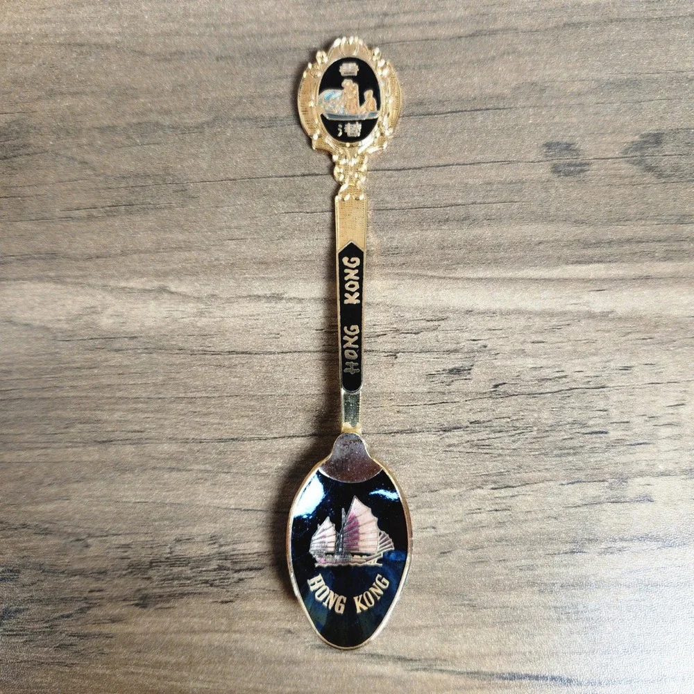 Vintage Hong Kong Souvenir Spoons Gold Tone Set of 2 Black White